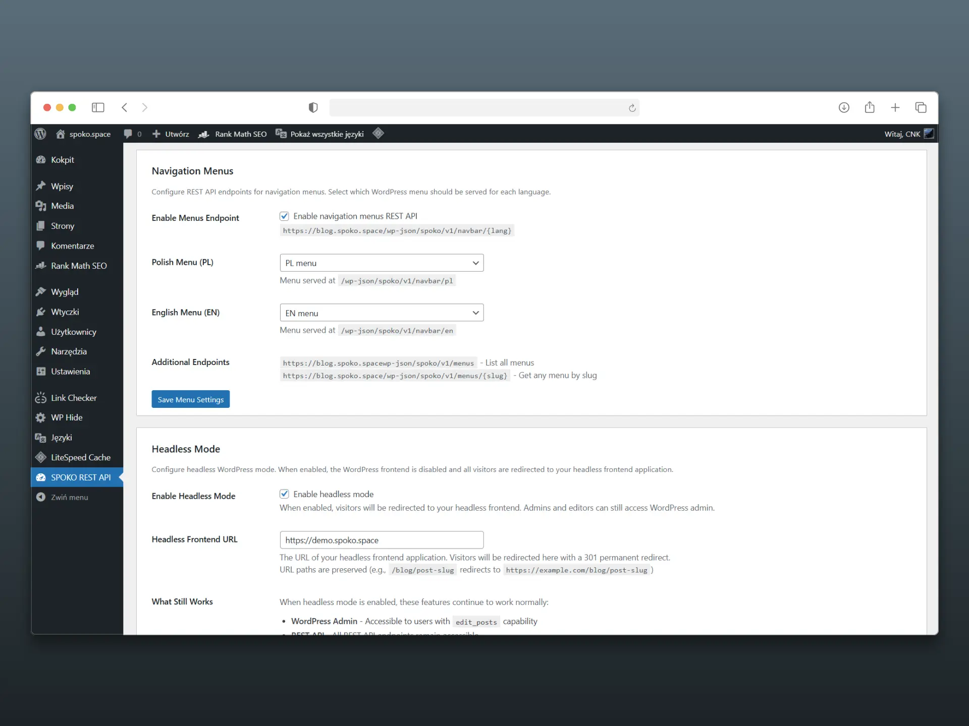 Open-source WordPress plugin extending REST API for headless CMS. Adds GA4, Polylang hreflang data, relative URLs and headless mode with 301 redirects.