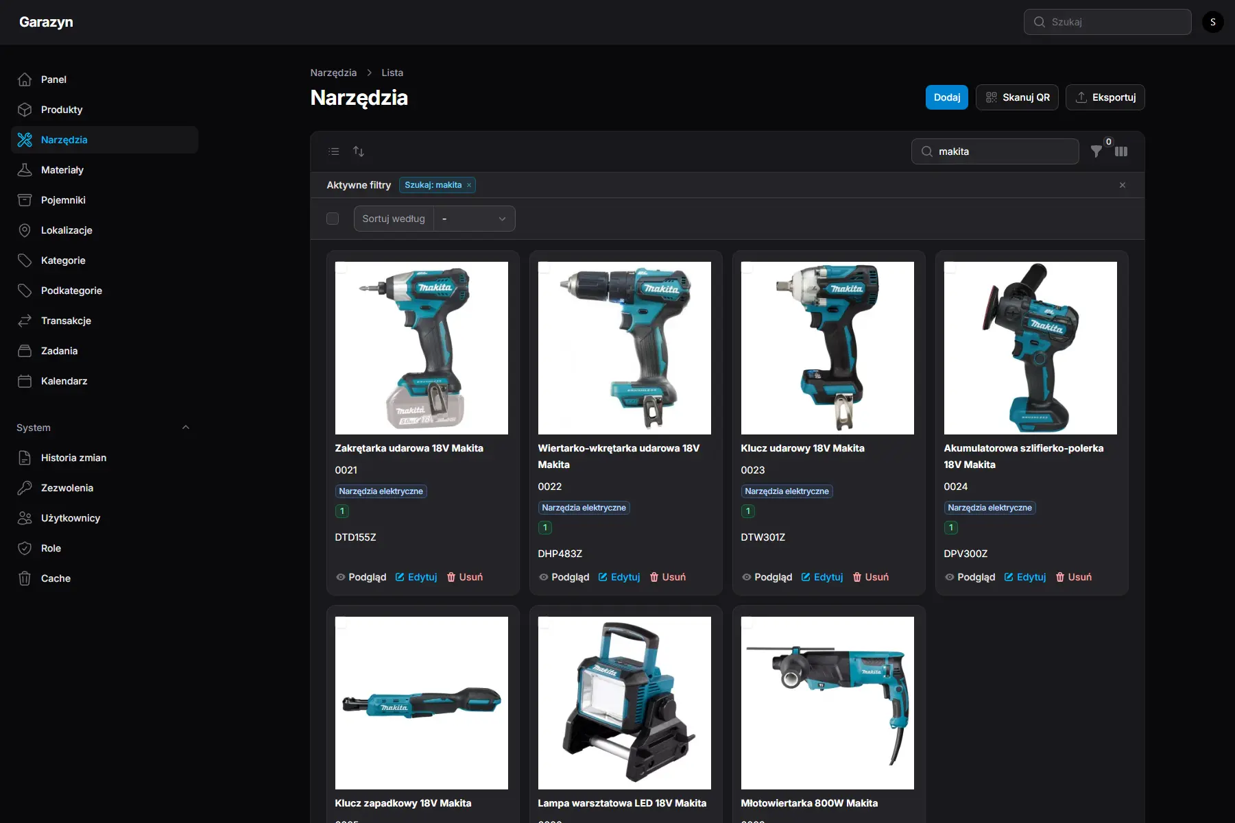 Private warehouse management system for garage and workshop. Features QR code scanning, location tracking and e-commerce integration via REST API.