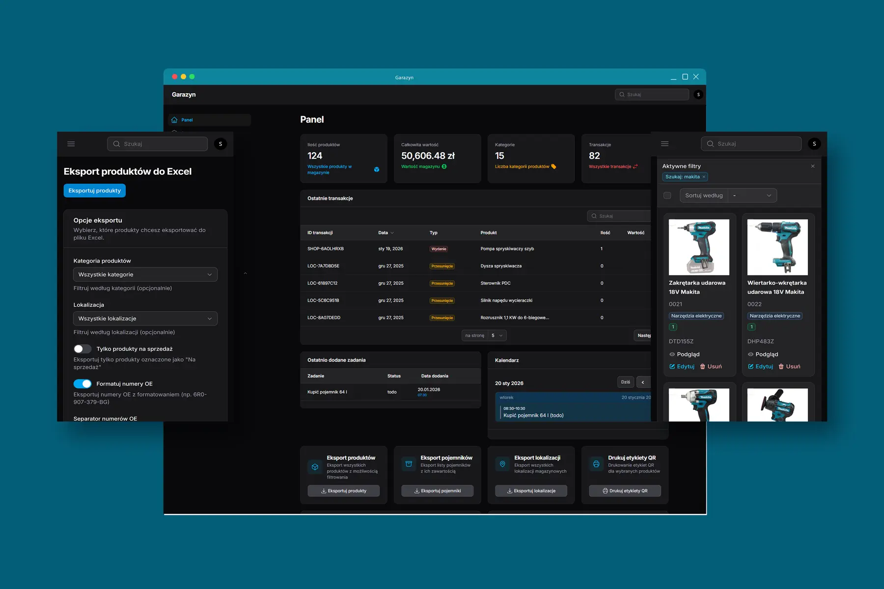 Private warehouse management system for garage and workshop. Features QR code scanning, location tracking and e-commerce integration via REST API.