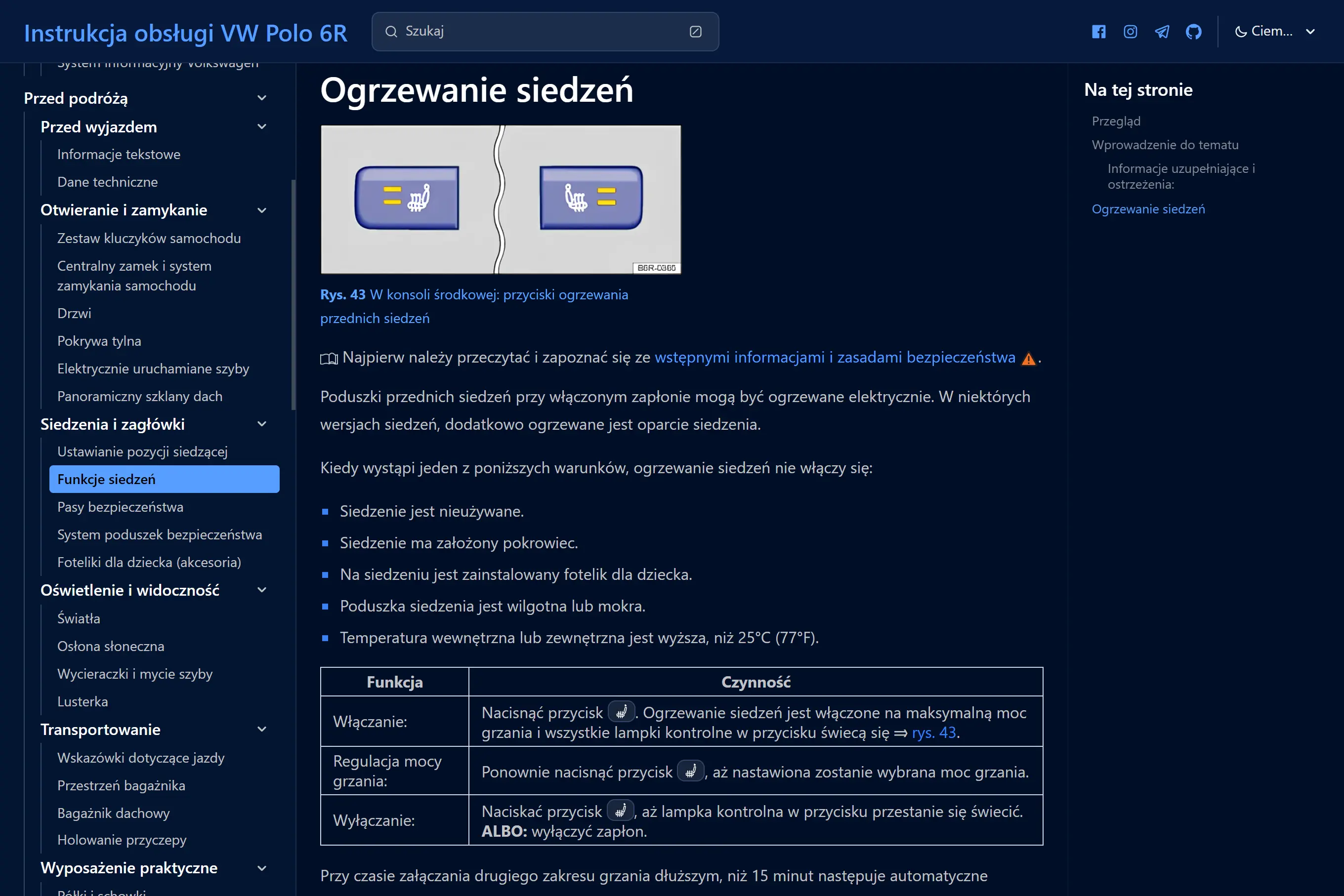 Wirtualna instrukcja obsługi VW Polo 6R jako PWA. Ciemny motyw i wyszukiwarka zapewniają łatwy dostęp do kluczowych informacji o pojeździe.
