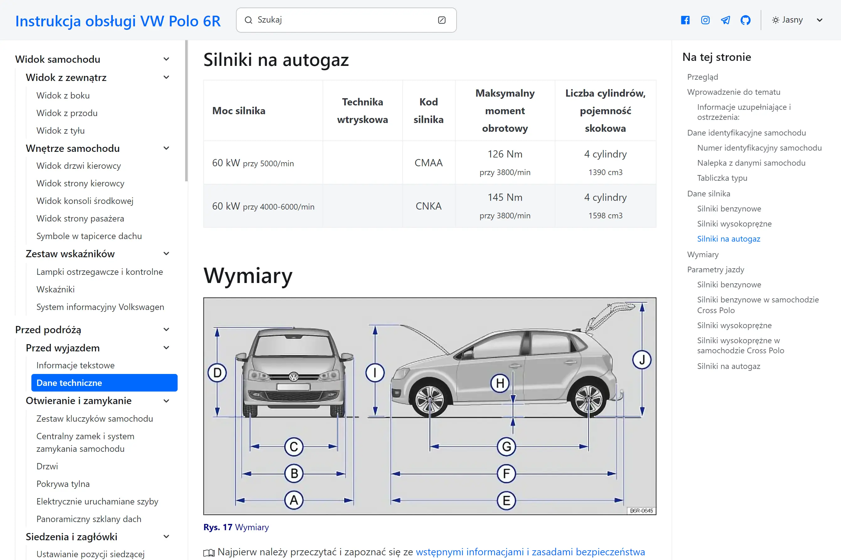 Virtual owner's manual for Volkswagen Polo 6R, designed as a PWA with dark mode and search functionality for easy access to essential vehicle information.