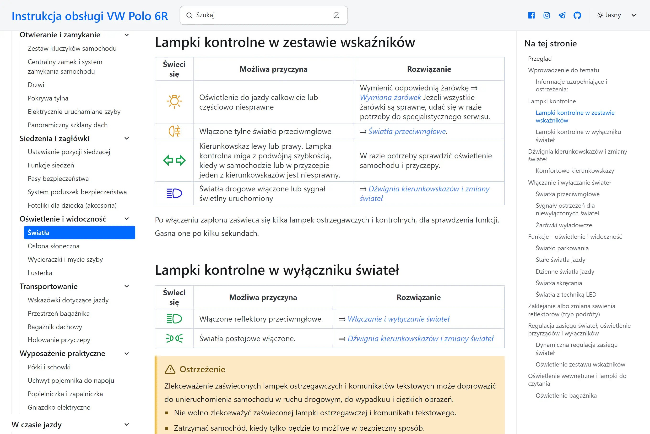 Wirtualna instrukcja obsługi VW Polo 6R jako PWA. Ciemny motyw i wyszukiwarka zapewniają łatwy dostęp do kluczowych informacji o pojeździe.