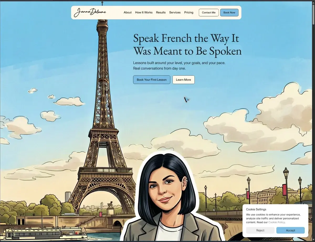 jannadeloume.com — custom feather-shaped cursor matching the Parisian theme of the site