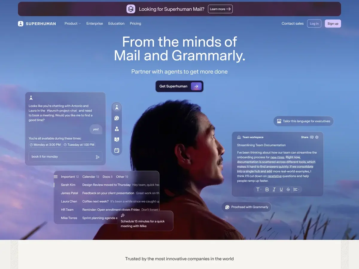 Superhuman — floating UI panels with glassmorphism effect on the hero section background