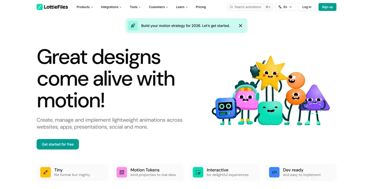 LottieFiles — "Great designs come alive with motion!" — bold typography as the primary hero element