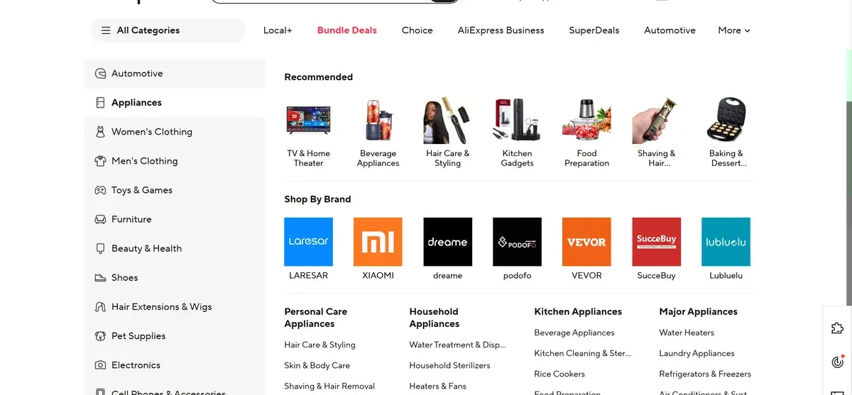 AliExpress — mega menu with category sidebar, subcategory columns, and a promotional section