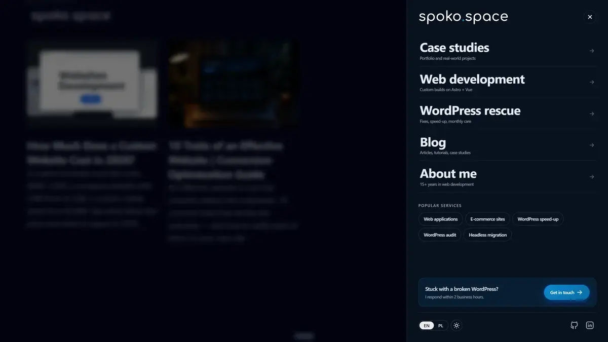spoko.space — drawer with backdrop blur, section hierarchy, and a CTA built into the panel