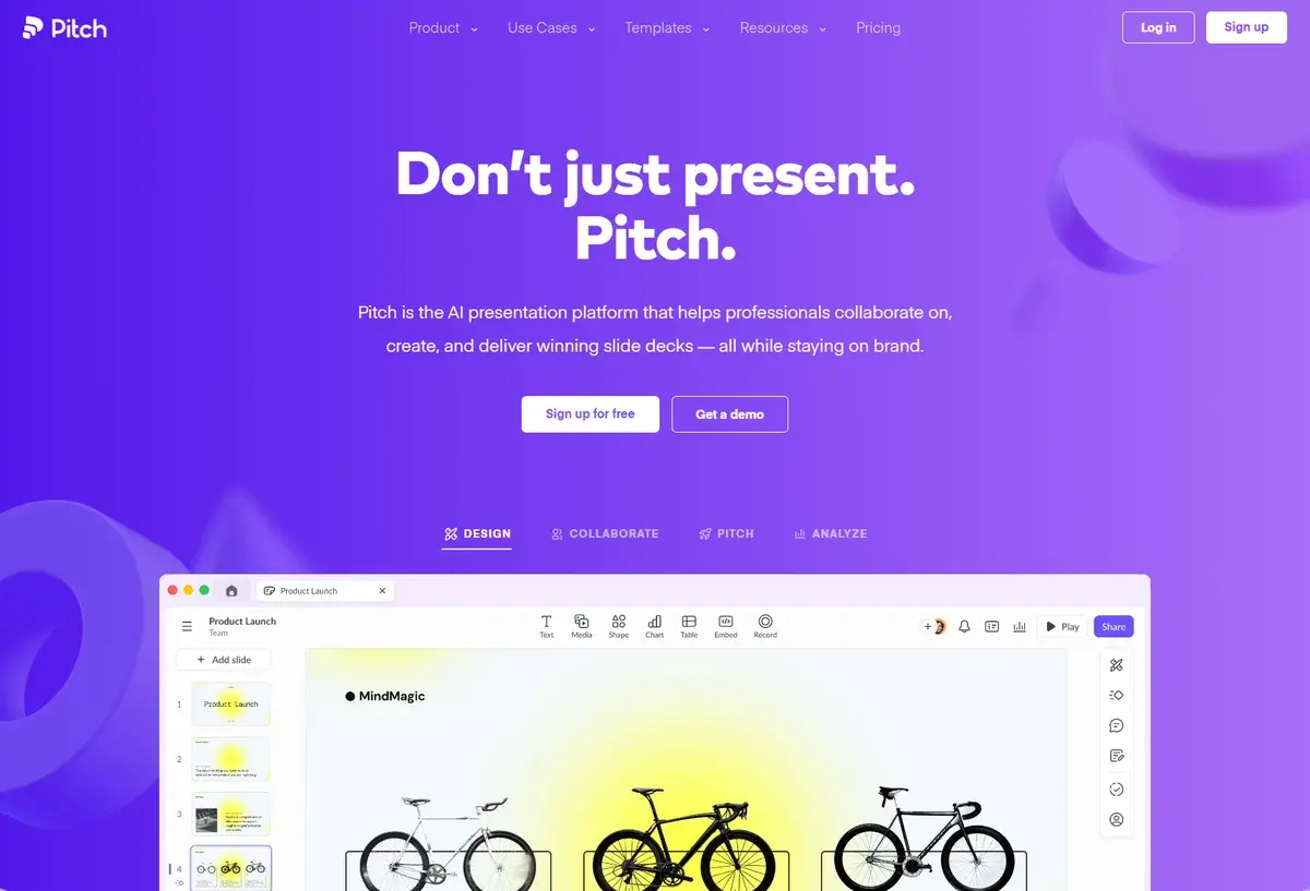 Pitch.com — blob shapes w tle hero section, organiczne koła jako element graficzny