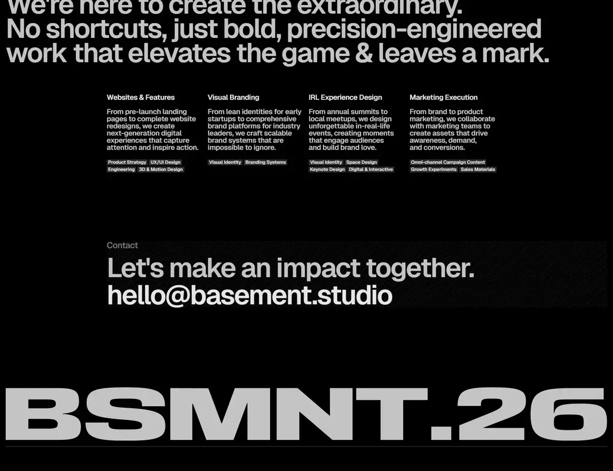 Basement Studio — "BSMNT.26" as typography breaking the screen boundary