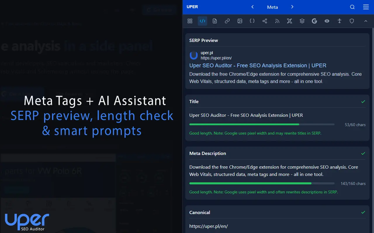 Meta tags validation and SERP preview