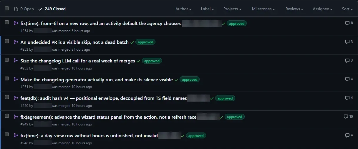 A pull request list with state labels applied automatically after review