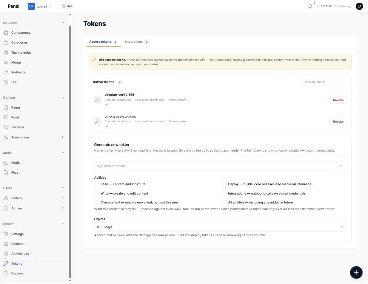 Access credentials screen — two active credentials with creation and last-used dates and a Revoke button each, and a form to mint a new one with per-ability checkboxes (Read, Write, Deploy, Integrations, Cross-tenant, All abilities) and an expiry, under the line: a token can only ever do less than its owner, never more