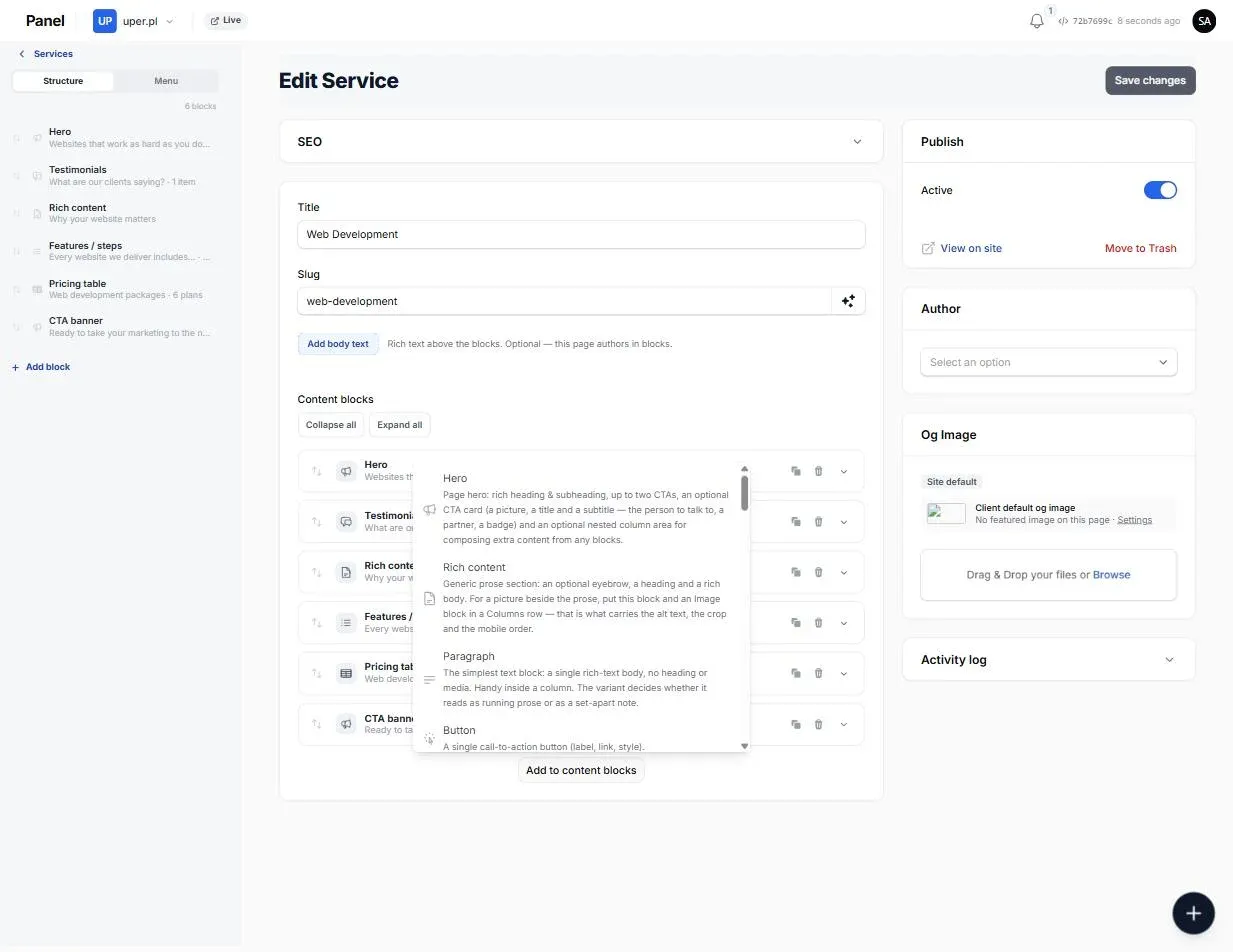 The block palette open in the page editor — every block type listed with a plain-language description of what it does and when to reach for it: Hero, Rich content, Paragraph, Button and the rest of the registry