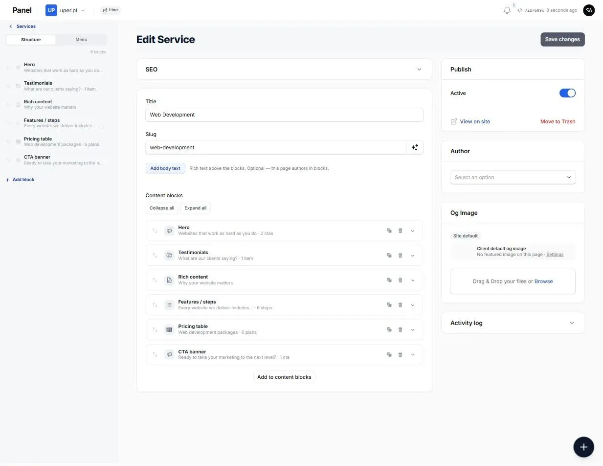 The block editor on a service page: a structure outline down the left listing its six blocks with a line of their real content each (Hero, Testimonials, Rich content, Features / steps with 6 steps, Pricing table with 6 plans, CTA banner), the same blocks as reorderable rows in the middle, and Publish, author and OG image in the right sidebar