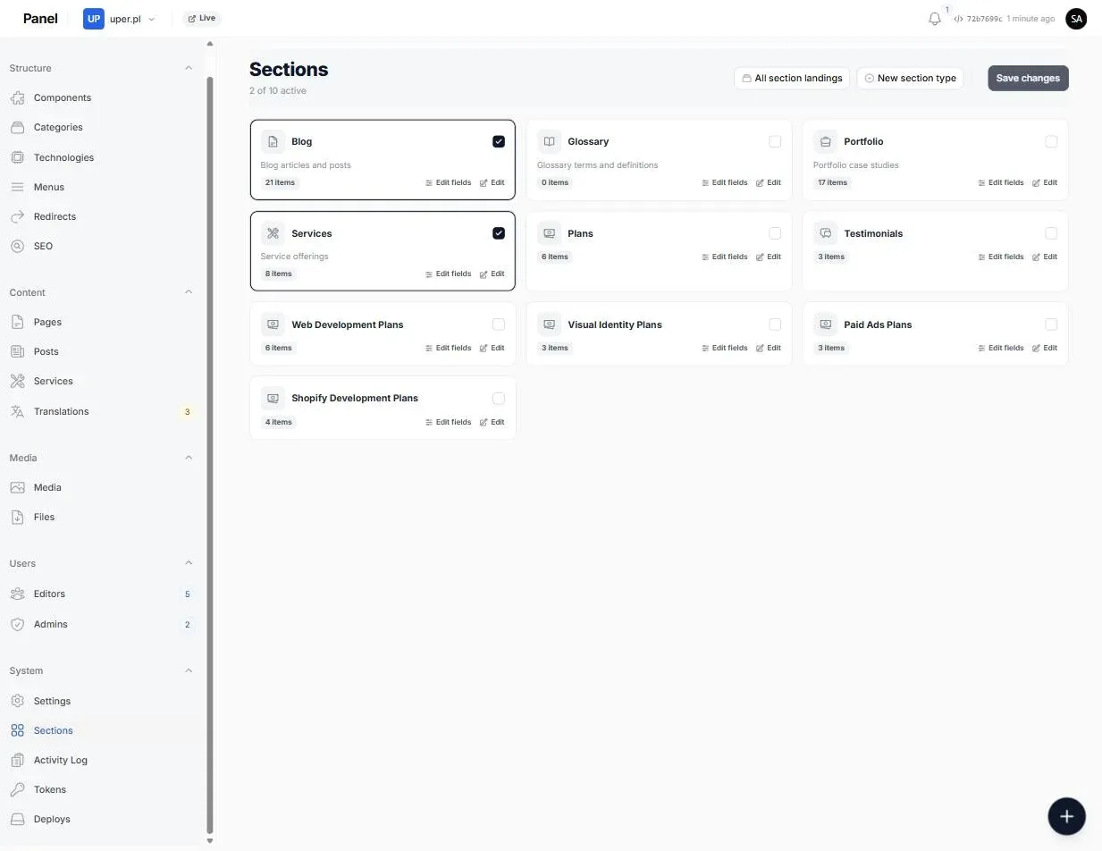 Sections screen — ten collection types as cards (Blog, Glossary, Portfolio, Services, Plans, Testimonials and four plan variants), each with an item count, an enable checkbox and an Edit fields link; two are active