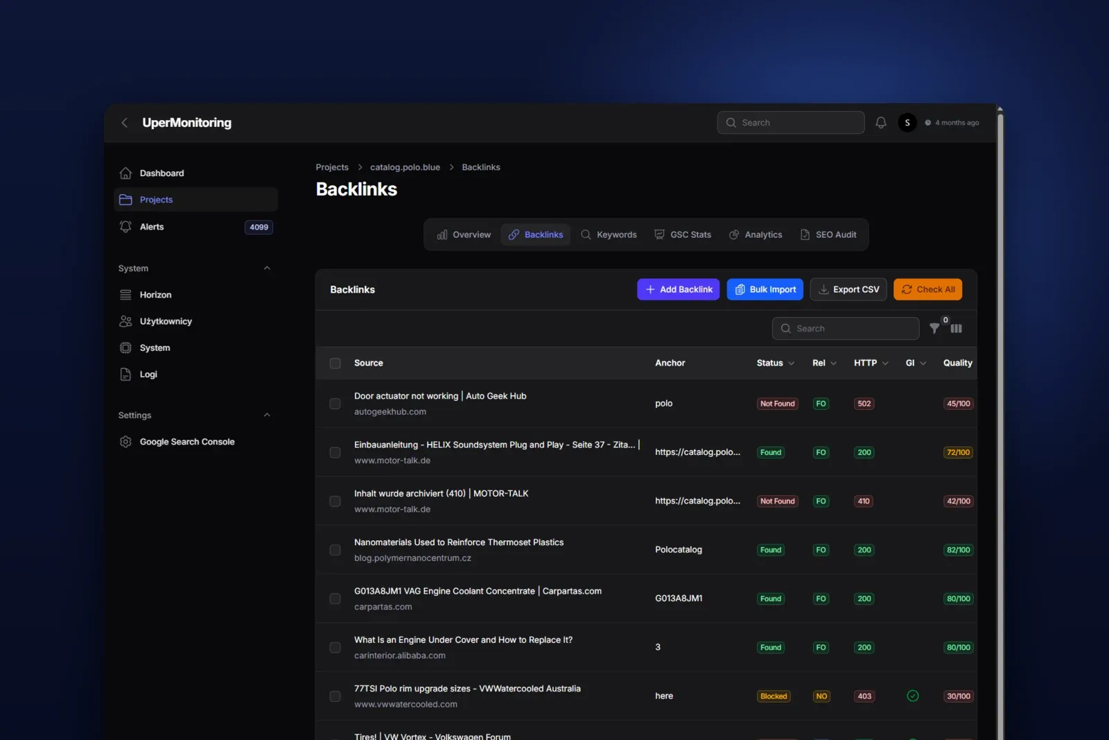 A private dashboard that watches backlinks, Google positions, index status and Core Web Vitals across my own sites — built entirely on free Google APIs, with alerts when something moves.