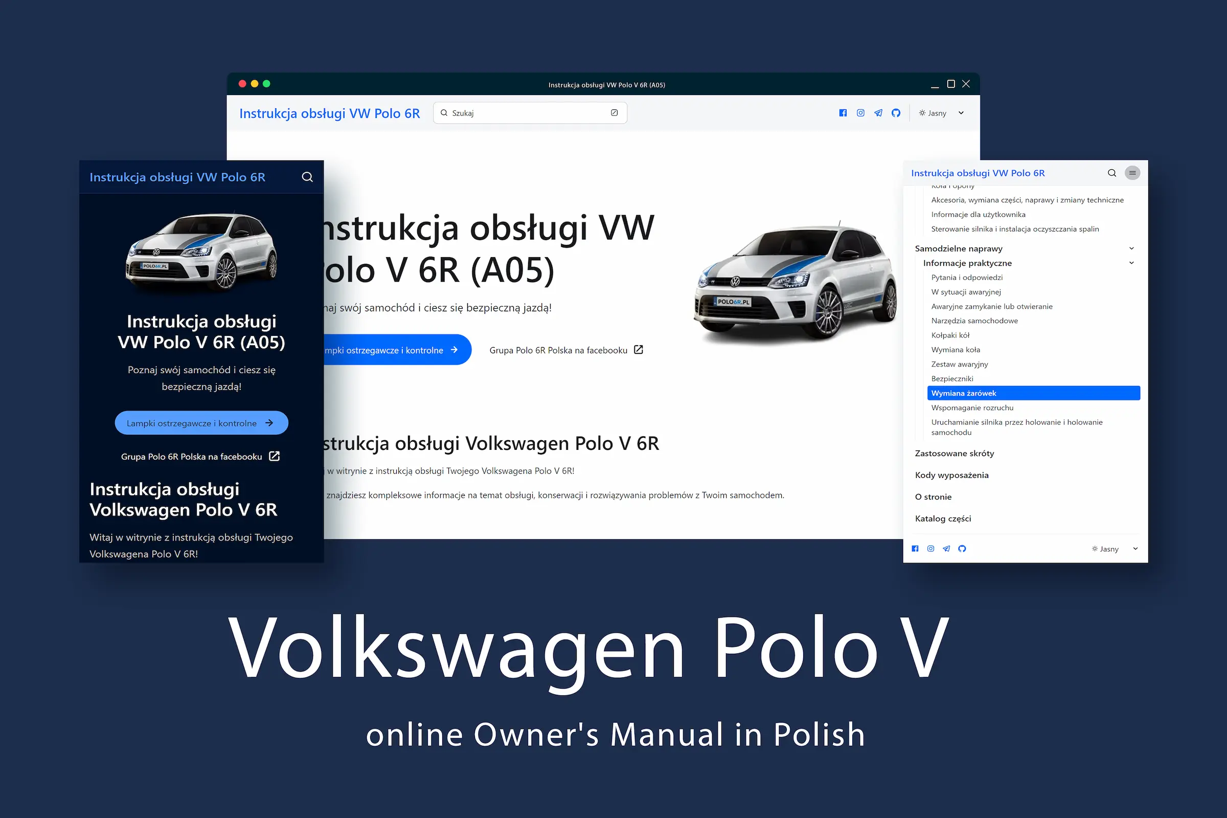 Virtual owner's manual for Volkswagen Polo 6R, designed as a PWA with dark mode and search functionality for easy access to essential vehicle information.