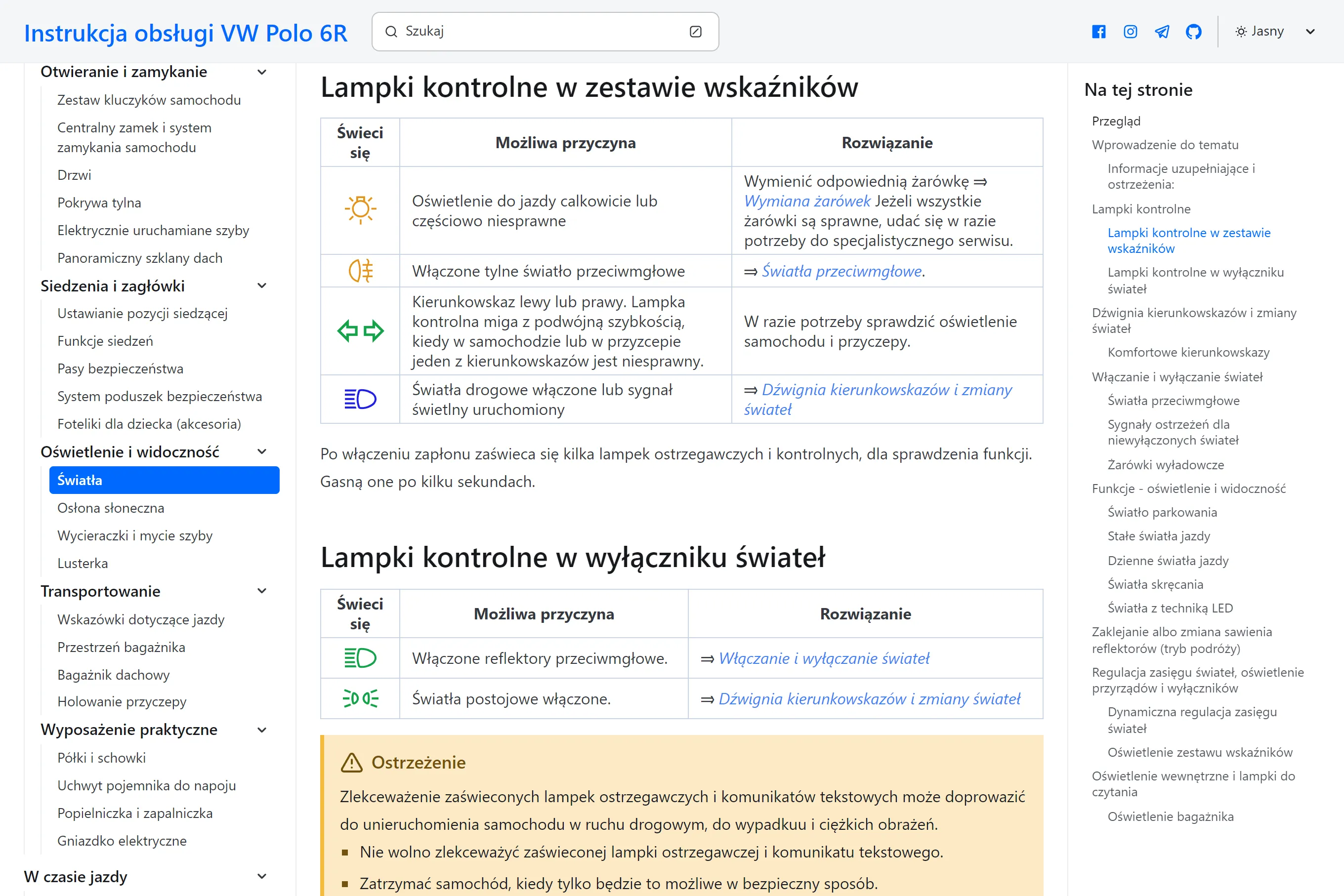 Virtual owner's manual for Volkswagen Polo 6R, designed as a PWA with dark mode and search functionality for easy access to essential vehicle information.