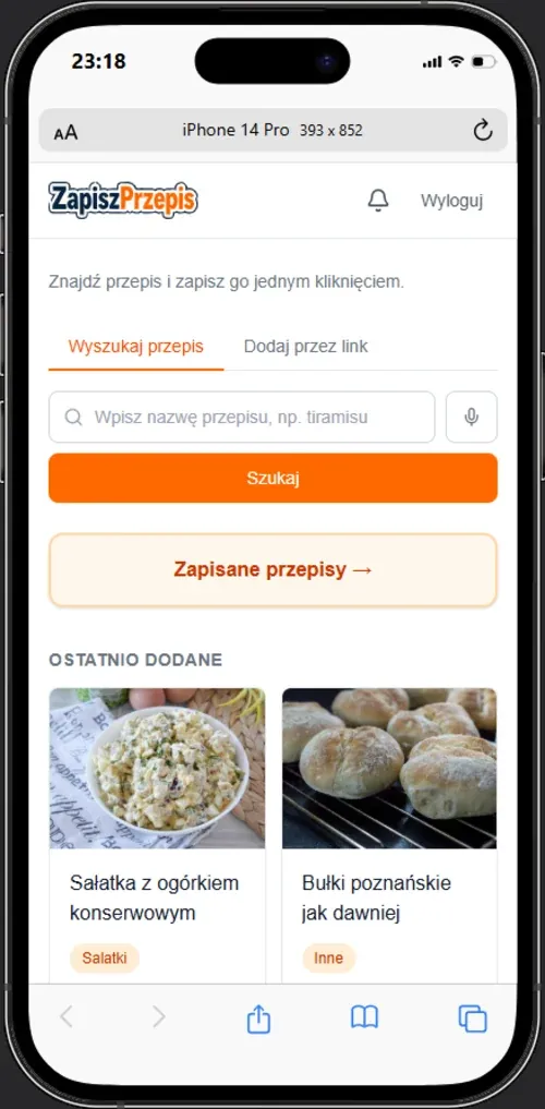 ZapiszPrzepis home screen on a phone